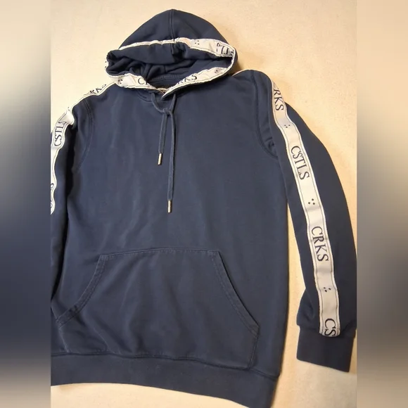 Crooks & Castles Navy Hoodie with White Branded Sleeve Tape - Picture 3 of 5